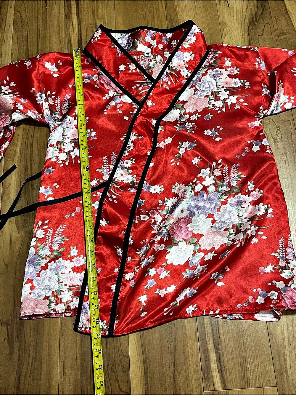 Red Floral Satin Kimono Top & Black Bow Set Wrap Blouse Cosplay Festival L - Picture 9 of 12